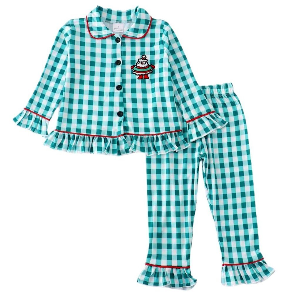 Green Plaid Santa Applique Ruffle Pajama Set Girls Sizes 3 4 6 Christmas PJs